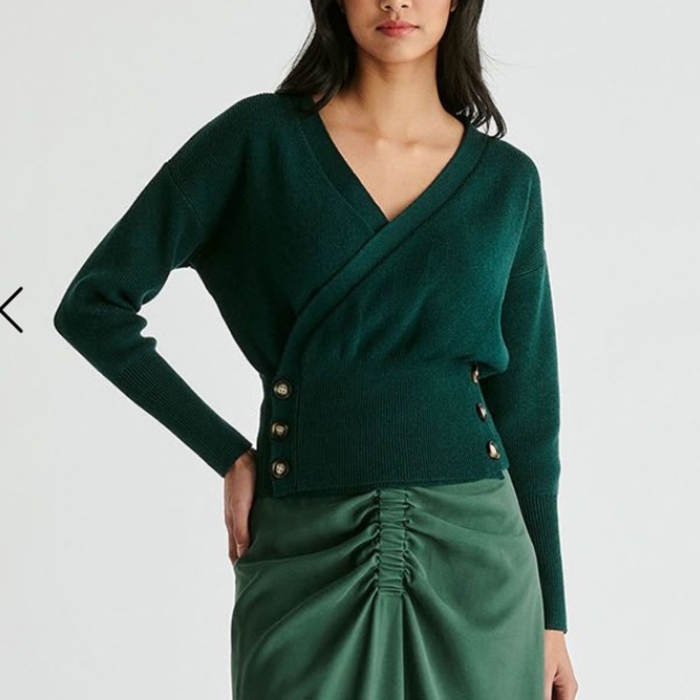 Paisie Green ribbed Wrap Sweater with Buttons NWT S Chic wool blend